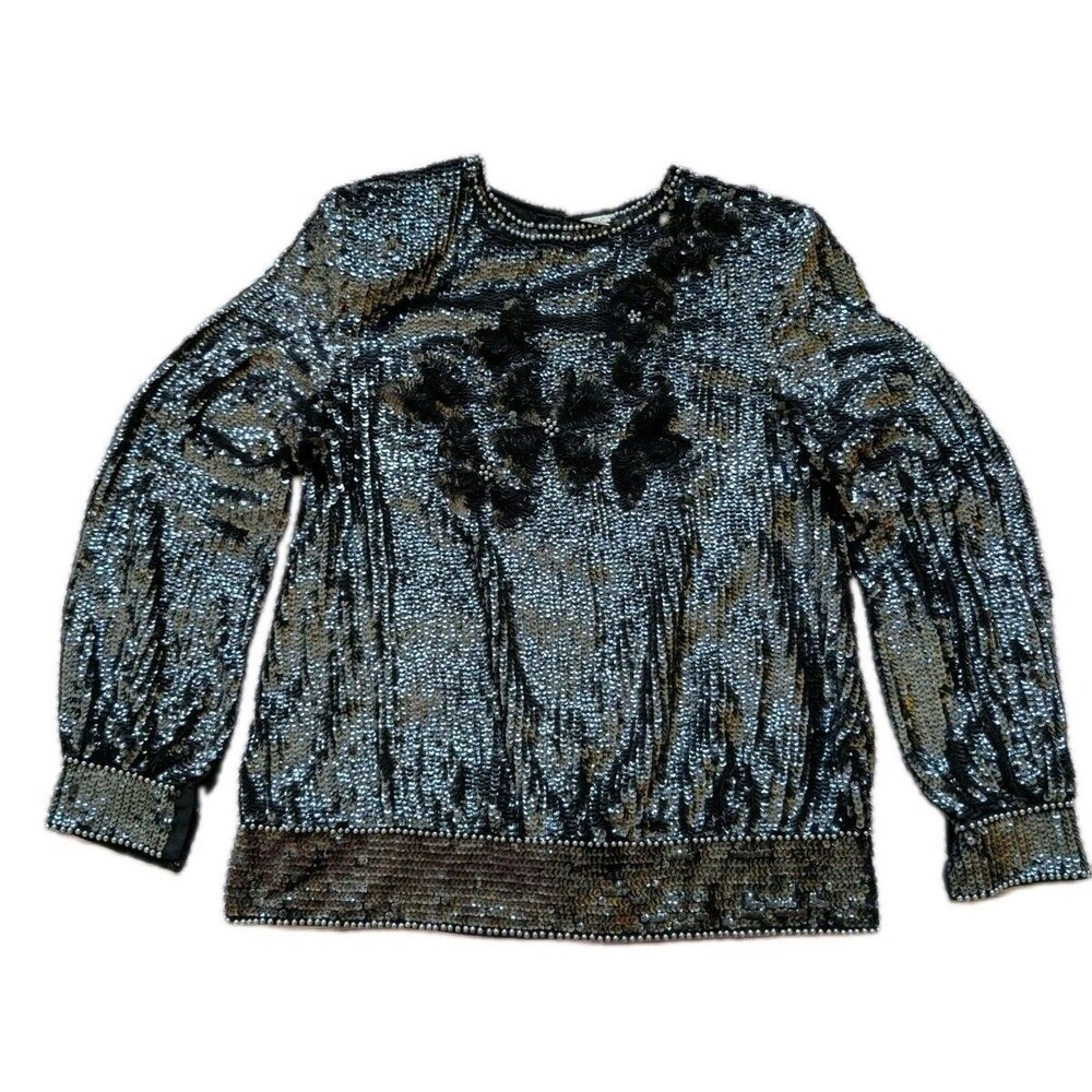 Vintage Oleg Cassini Sequin Blouse Black Gray L